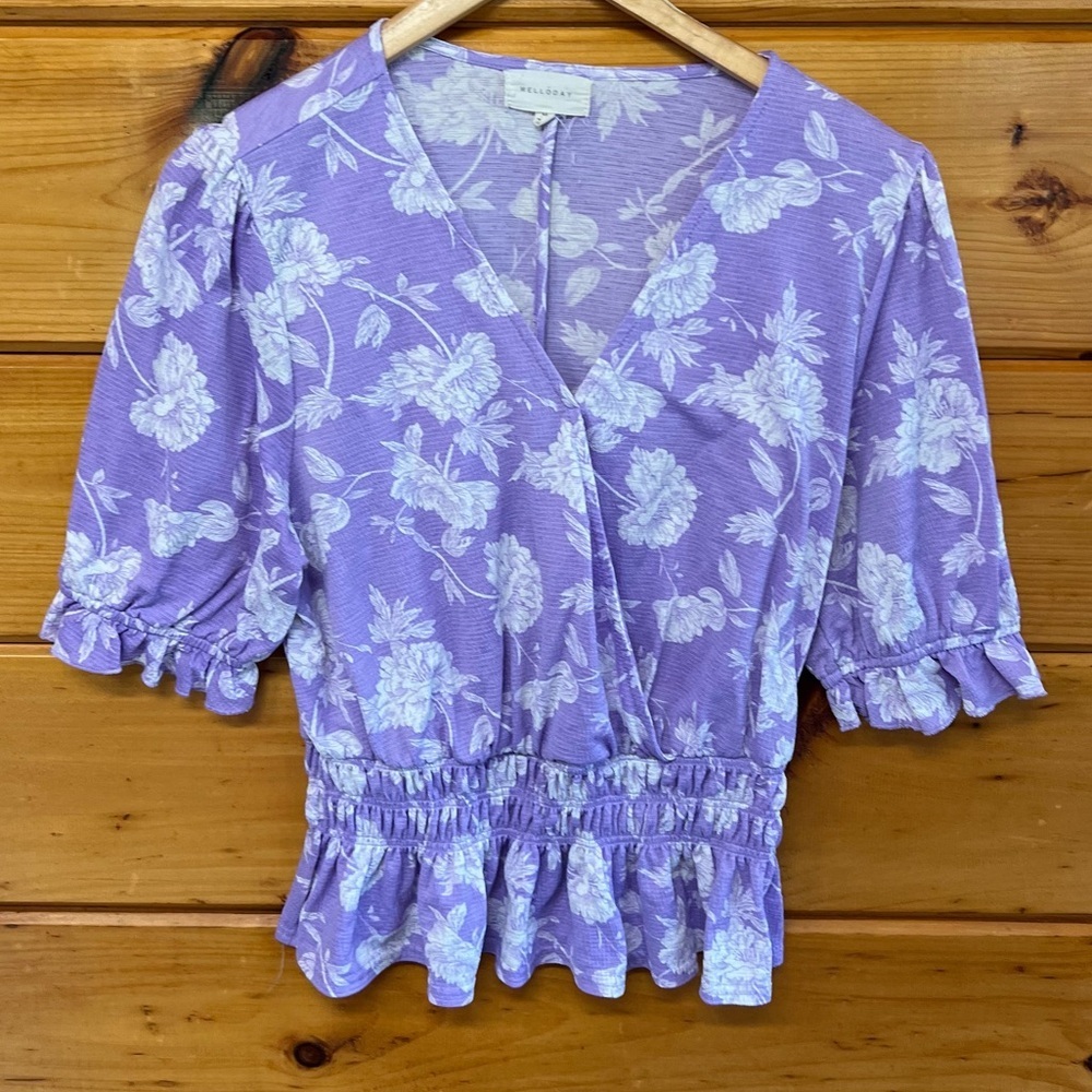 Melloday Anthropologie Peplum Ruched Waist V-Neck Short Sleeve Lavender Blouse M
